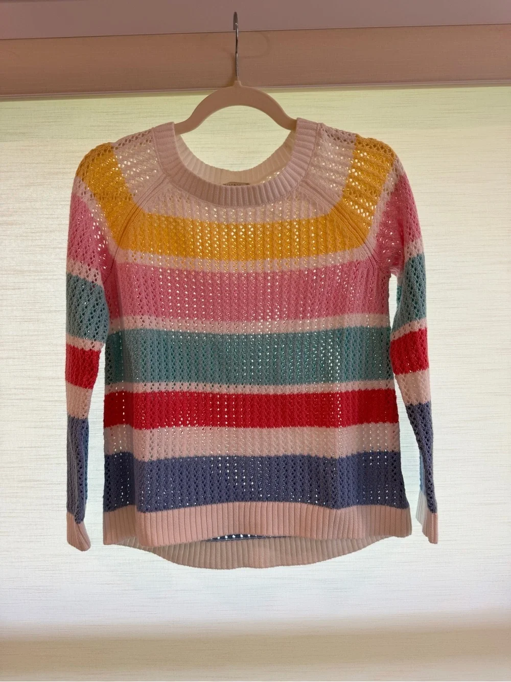 Talbots Open-Knit Crewneck Sweater in Pink, Blue, Yellow, Red, Size small petite
